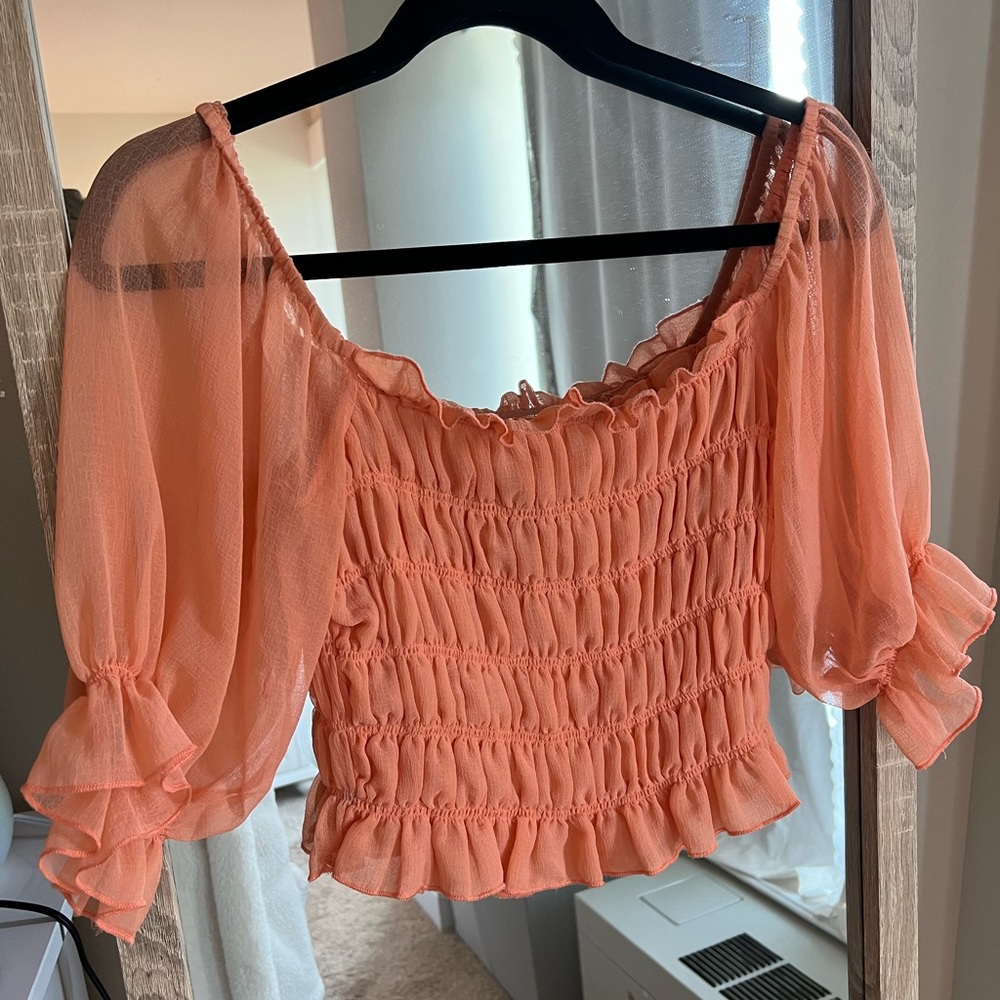 Urban Outfitters Sheer Peach Ruched Puff Sleeve Top